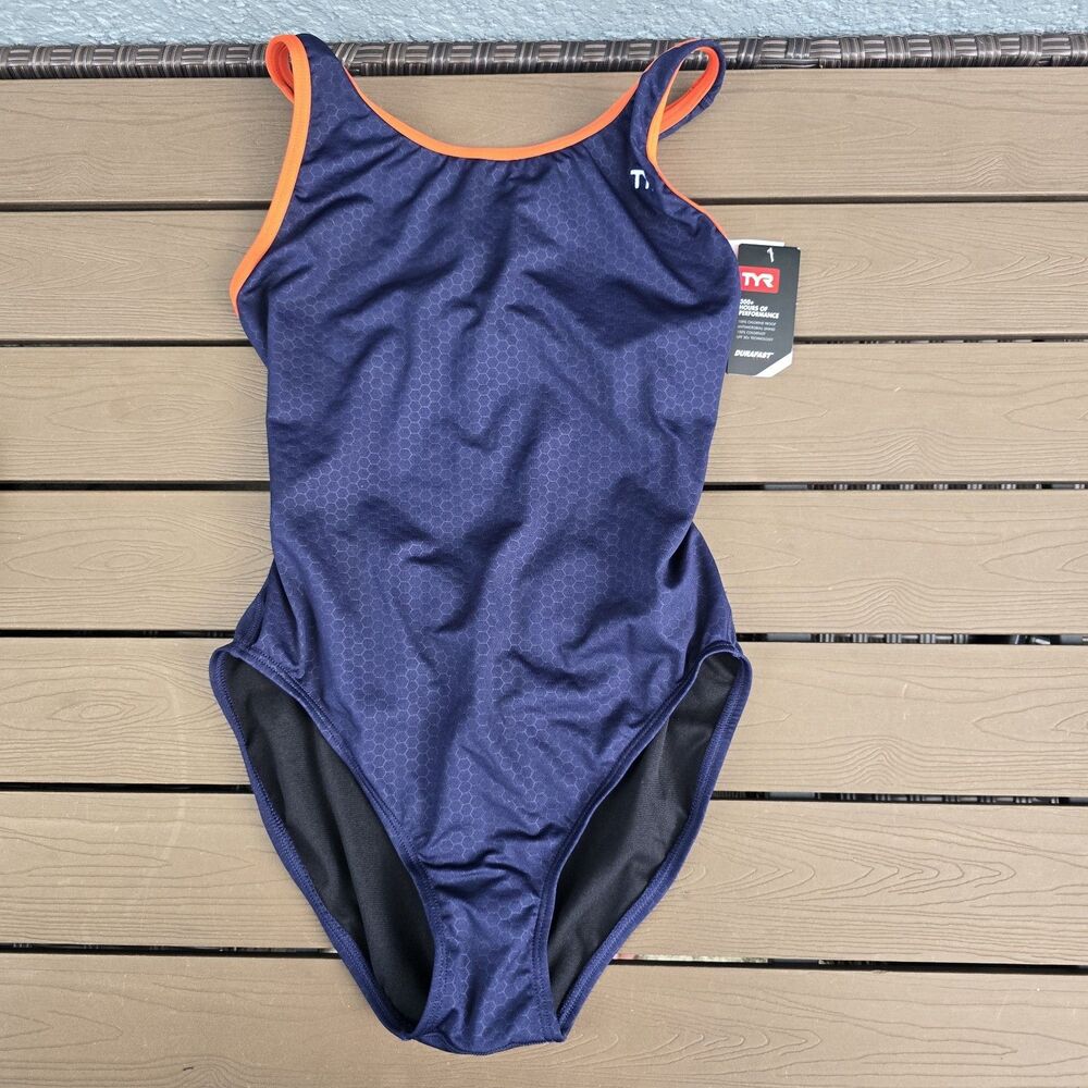 TYR Durafast Elite Women's Hexa Maxfit orange/navy One Piece Swim Sz 40 New